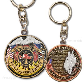Armor Coin & Emblem - Firefighter's Prayer Key Chain - Solid Bronze Collectible with American Flag Maltese Cross St. Florian - Firefighter Gift, American Eagle Token Keychain