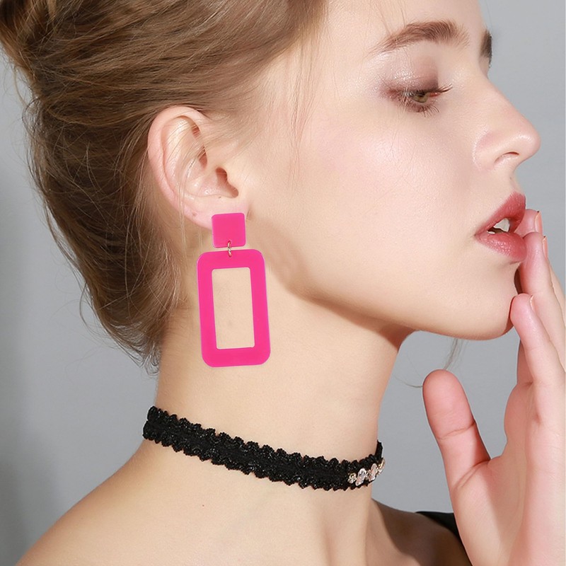 Just Follow Hot Pink Geometric Beaded Drop Dangle Hoop Earrings