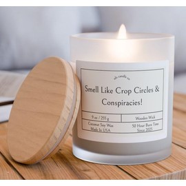 Crop Circles Candle, Novelty Conspiracy Theory Soy Candle, 9 oz, Wooden Wick, 50 Hour Burn Time, White Frosted Glass (Lavender)