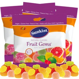 Sweetzo Sunkist Fruit Gems, Fruity Pectin Flavored Chewy Candies, Orange, Lemon, Pink Grapefruit, Raspberry and Lime, Shareable Candy Bags - 3.1 ounce (Pack of 3)