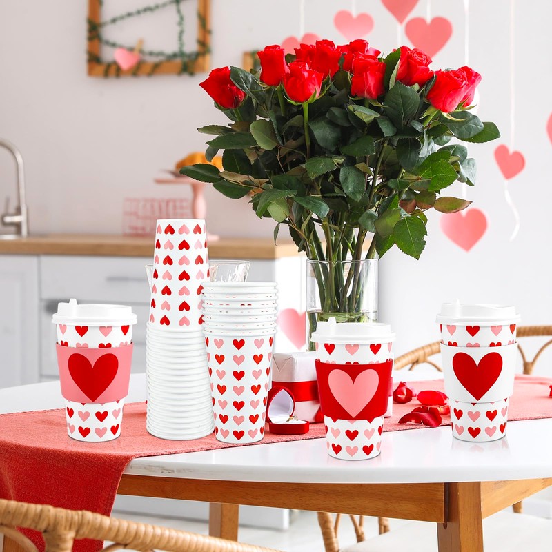 48 Sets Valentine's Day Disposable Coffee Cups with Lids and