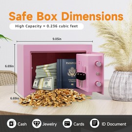 Goldenkey Small Safe Box for Money, Digital Home Safe Box with Keys&Code for Cash and Coin, Mini Safes for Kids, Personal Items for Hotel, 6.69"D x 9.05"W x 6.69"H, 0.236 Cu.Ft.