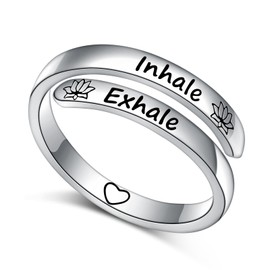 Ladytree Adjustable Inspirational Rings 925 Sterling Silver Yoga Lotus Flower Stacking Wrap Spiral Twist Statement Band Encouragement Gift for Women Men(Inhale Exhale)