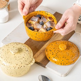 Stoneware Baking Ramekins Set of 4-10 Oz Mini Cocotte with Handles & Lids - Perfect for Oven Baking Souffle, Soup, Cobbler, Individual Serving Casserole Dishes, Orange