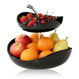 2-Tier Ceramic Fruit Bowl,Black Ceramic Tiered Bowl,Stylish Dessert Bowl,Fruit Basket with Stand,for Living Room Coffee Tables Pastry Platters, Snack Trays, Beauty Salon Fruit Bowls (Black)