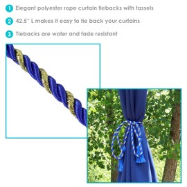 Sunnydaze Indoor/Outdoor Decorative Rope Curtain Tiebacks - Set of 4 - Blue