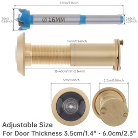 HOJLKLD Door Viewer Peephole,200 Degree Solid Brass Peep Holes for Solid Wood Door with 16mm Drill Bit, 5/8 Inch Door Eye Viewer with Privacy Cover for 1-3/8" to 2-1/4" Doors (1, Satin Gold)