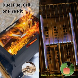 BiggerFire Camping Grill Fire Pit, 2 in 1 Portable Duel Fuel Grill or Fire Pit, Steel Detachable Bonfire Pit Camp Stove with Hose for Outdoor Cooking BBQ (Black)