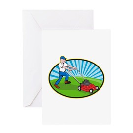 CafePress Lawn Mower Man Gardener Cartoon Folded Greeting Card Matte