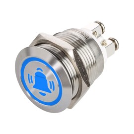 LED Push Button with Bell Symbol, Installation Diameter 19 mm Flat Stainless Steel Button with Coloured Illuminated Bell Symbol and Screw Contacts, Waterproof IP67, AC/DC (Blue)