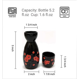 JapanBargain, Porcelain Sake Set Sake Bottle and Sake Cups Saki Set, Microwave Safe, 5 oz (Black+Plum Blossom)