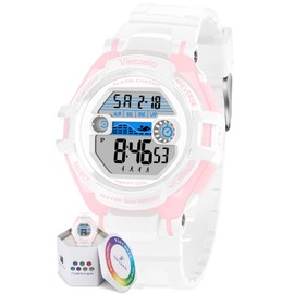 Viecasia Girls Digital Watch,Colorful Lights, Alarm,Sports Timekeeping, Waterproof 50 Meters, Impact Resistant, Gift for 5-17 Years Old Kids (White/Pink)