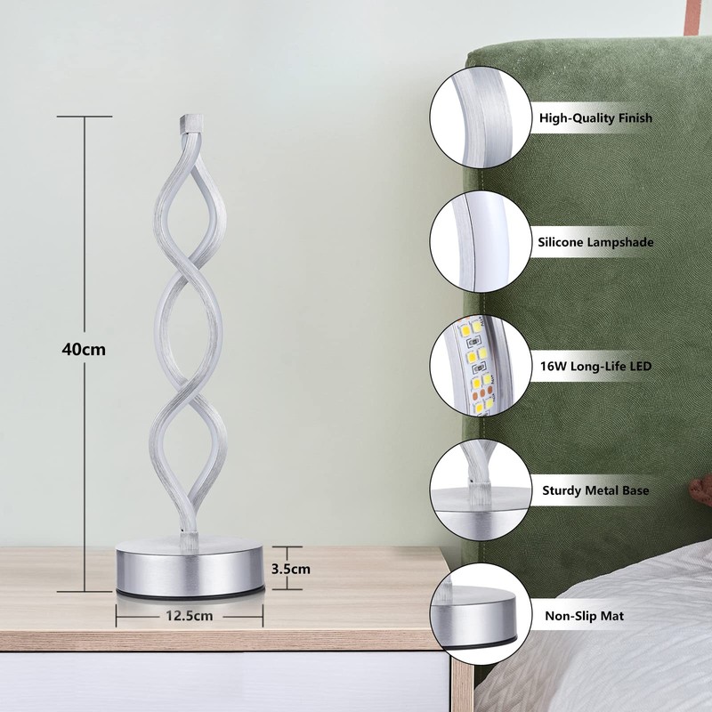 NUÜR Infinity Spiral LED Table Lamp Silver, Dimmable Metallic Bedside