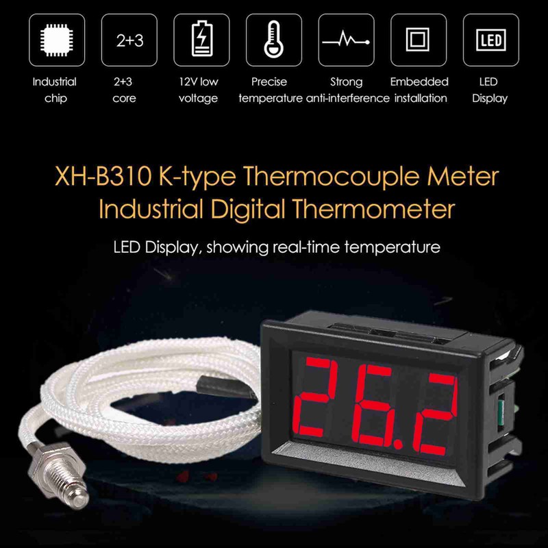 XH-B310 Industrial Digital Thermometer 12V Temperature Meter K-type M6 Thermocouple