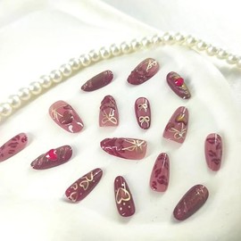 Almond Press on Nails Medium Fake Nails with 3D Heart Rhinestones Bow Designs French Tip Nails Press ons Glossy Red Acrylic Winter False Fall Stick on Nails for Women 24Pcs