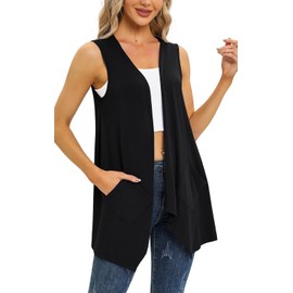 Wiwclo Trendy Sleeveless Cardigans for Women Lightweight Vest with Pockets Casual Soft Knit Open Front Cardigan High Low Hem, A01-black-sleeveless, XL