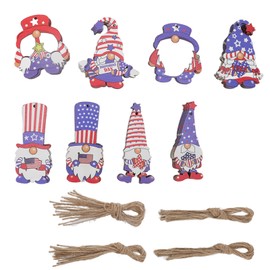 40 Pcs Patriotic Gnome Wood Ornaments 8 Styles Sturdy Boxwood Reusable Independence Day Gnome Pendant with Ropes