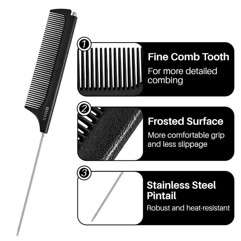 RHOS Carbon Retractable Rat Tail Comb for Parting and Styling,