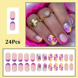 24 Pcs Spring Flower Press on Nails for Short Nails Oval Fake Nails with Glue Reusable Glue-less False Nails Kit Cute Oval Shape Nails Floral Nail Design Glossy Full Cover Glue on Nails for Women