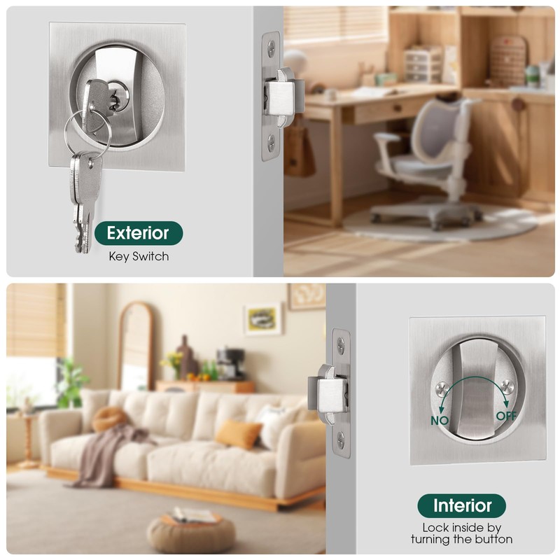 Square Pocket Door Lock, Satin Nickel Pocket Door Hardware, Sliding