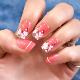 Summber White Flowers French Tip Press On Nails Square - Coolnail Semi-Transparent Pink Fake Nails Medium, Glue On False Nails with Jelly Nail Glue, Supremely Fit & Natural Reusable Stick On Nails