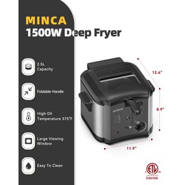 minca 1500W Electric Deep Fryer, 2.5 Liter Immersion Frying Basket with Heat-insulated Foldable Handle, Removable Lid with Odor Filter and Viewing Window, Adjustable Temperature, Stainless Steel
