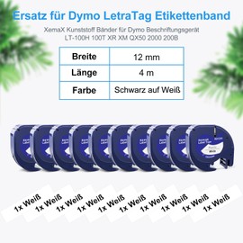 10 x XemaX Compatible with Dyno Letra 12 mm x 4 m Label Tape, Black on White Label Tape, 91201 91221 S0721610 S0721660 Plastic Label Tape for Dyno Device LT-100H LT-100T XR 200B 2000 XM 80