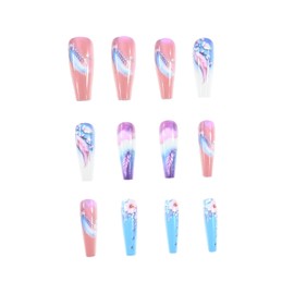 EYZOTSF Press on Nails Medium Square Shaped Acrylic Medium Length Square False Nails with Designs Artificial Short Coffin Fake Nail with Charms Glue Stick ons Fingernails for Women Girls(F646)