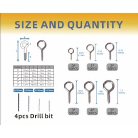 Mariyandh 260PCS Silver Eye Hooks Screw Metal 0.67 inches-1.1 inches Hook and Eye Small Eyelet Screws(0#-5#,260PCS)+4pcs Drill Bit(1.0,1.5,2,2.5)