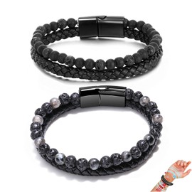 Angyape Natural Agate Stone Leather Beaded Bracelet, Lugxb Natural Agate 6mm Stone Adjustable Leather Beaded Bracelet Jewelry Gifts for Men Women(Style D