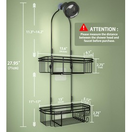 WXCGX Hanging Shower Caddy Over Shower Head: Height Adjustable Large Shower Organizer with Soap Holder - Stainless Rustproof Bathroom Shelf Shampoo Storage Rack with Hooks for Razor Sponge - Black