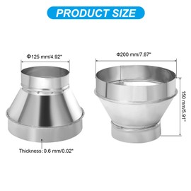 PATIKIL 8 Inch to 5 Inch Round Duct Reducer Increaser Connector, Galvanized Steel Air Duct Adapter Pipe Fitting for Bathroom Kitchen Inline Ventilation Systems, Silver Tone