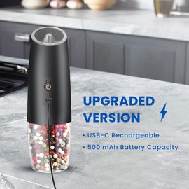 UNNEES Rechargeable Electric Salt and Pepper Grinder set of 2, gravity electric salt and pepper grinder set, Adjustable Roughness, LED Light, 2 Pack, (Black)