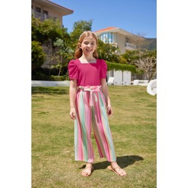 Arshiner Girls 2 Pieces Outfits Kids Square Neck Puff Sleeve Tops and Pants Set with Pockets 6-14 Years