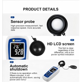 XEAST Light Meter XE-113 Luxmeter Digital Illuminance Meter Handheld Ambient Temperature Measurer with 4 Digit Color LCD Screen, Range up to 200K Lux, Data Recording for Plant Growth Aquariums