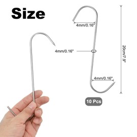 uxcell 10Pcs Meat Hooks 7.9 Inch 4mm Stainless Steel Smoking Hook Butcher Hook Meat Processing Butcher Hook Hanger Hooks for Smoking, Grilling, Beef, Rib, Barbecue