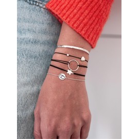 Glanzstücke München Women's Bracelet Hearts Sterling Silver Rhodium-Plated Textile Black 15-22 cm Flexible Adjustable Textile Bracelet Silver 925 Heart Bracelet, Silver, Without Stone