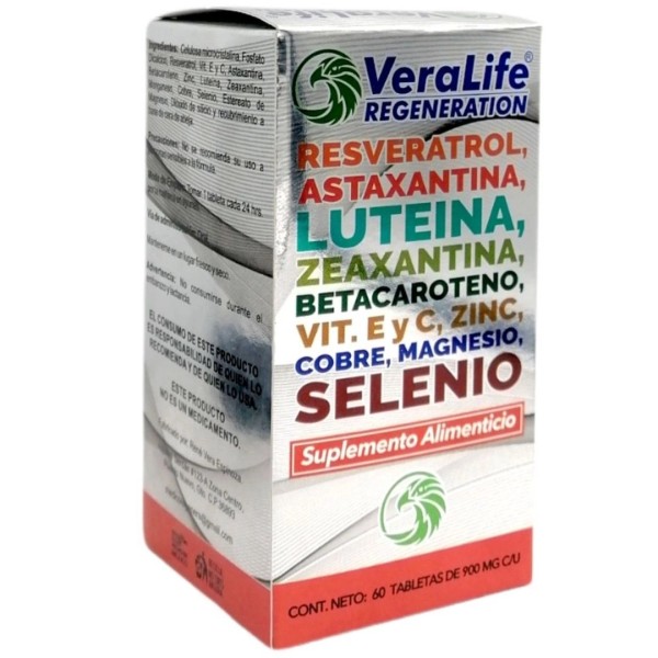 Veralife Regeneration Resveratrol, astaxantina, luteína, zeaxantina, betacaroteno, vitamina E y C,  zinc, selenio, cobre 60 tabletas