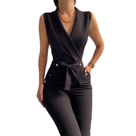 Women's Elegant Jumpsuits V Neck Sleeveless Straight Belted Long Pants Business Suits Set with Pockets Black M