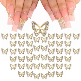 qiipii Golden Butterfly Nail Charms Bulk 48pcs 3D Gold Butterflies Charms for Acrylic Nails, Nail Rhinestones Charms Alloy Studs Nail Art Jewels Diamonds Gems Decor Supplies for Nails Face Makeup DIY