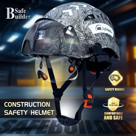 SAFEBUILDER Industrial Safety Helmet with Visor ABS Hard Hat with Visor Adjustable Ventilation Hardhats Construction Head Protection ANSI Z89.1 (GangMu Helmet with Clear Tinted Visor)