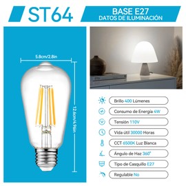 Bombillas LED Edison Vintage 6 Pack 4W Bombillas de Cristal Transparente ST64 Antiguas Bombillas de Filamento LED con 80+ CRI, Casquillo E27, para Salón Dormitorio Comedor Bar Cafetería (Luz Blanca)