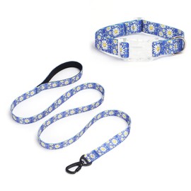 Pimaodog Girl Dog Collars with Daisy Patterns, Cute Dog Collar and Leash Set for Female Dogs, Adjustable Soft Durable Pet Collars for Cat Puppy XS Small Medium Large Dogs (Dark Blue, Medium)