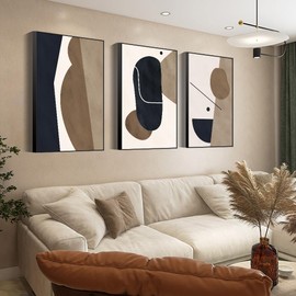 Abstract Framed Canvas Prints,Geometric Wall Art,Black White Brown Decorative,Large 24" X 32"X 3 Panel Modern Wall Decor for Living Room Bedroom Bathroom Hotel Kitchen Bar Office Entryways Wall Décor