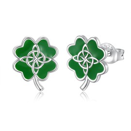 Zepmais Four Leaf Clover Earrings with Celtic Knot Sterling Silver Shamrock Earring with Green Cubic Zirconia Irish Jewelry St.Patrick's Day Lucky Gifts for Women