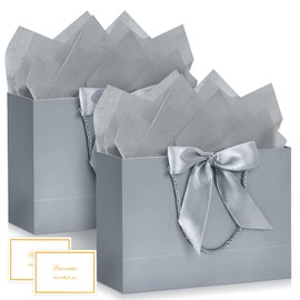 Gift Bags, Medium Gift Bags for Presents with Bow Ribbon, Party Bags with Handles 4 Tissue Papers and 2 Cards for Weddings, Birthday, Party, Celebration, Christmas