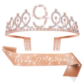Abeillo 9th Birthday Girl Sash and Tiara, Rose Gold Its My 9th Birthday Sash and Crown, Birthday Crown for Birthday Gift Party Supplies and Decoration 9th Birthday Party Favor Supplies