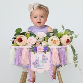 DCJHFJ Handmade Butterfly Wildflower 1st Birthday High Chair Banner Purple Pink Floral Theme Party Decoration For Girls Wall Hangings Decorative