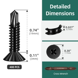 EASTPUK 400Pcs #8 x 3/4" Self Tapping Screws for Metal, Black 410 Stainless Steel Serrated Flat Head Self Drilling Sheet Metal Screws for Aluminum Steel Furniture Windows Ceilings Slidings Railings