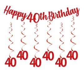 bng-bng 40th Birthday Party Decorations Red Happy 40 Banner Bunting and Hanging Swirls, Streamers for Women Lady Forty Years Old Anniversary Decor Party Supplies